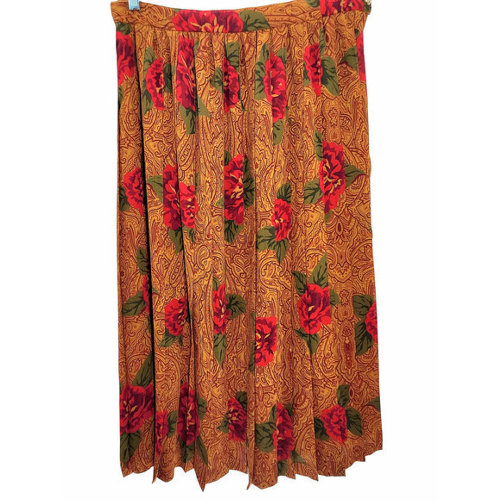 SK & Company Vintage Red Tan Floral Pleated Lined Side Zip Maxi Skirt